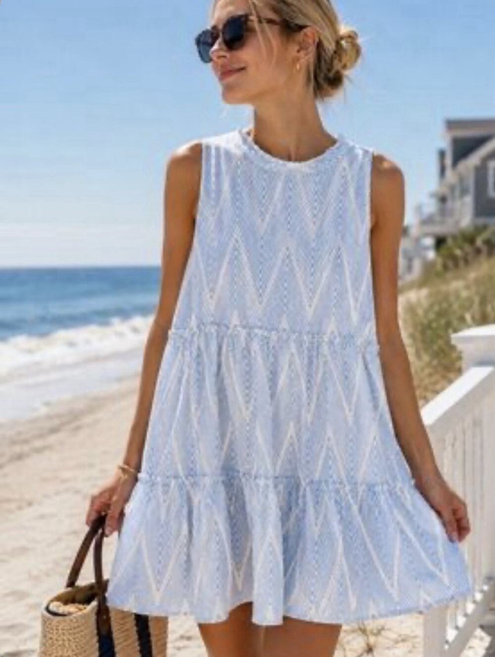 Oliphant Size Large Silk Cotton Blue White Ruffle Tiered Dress Sleeveless